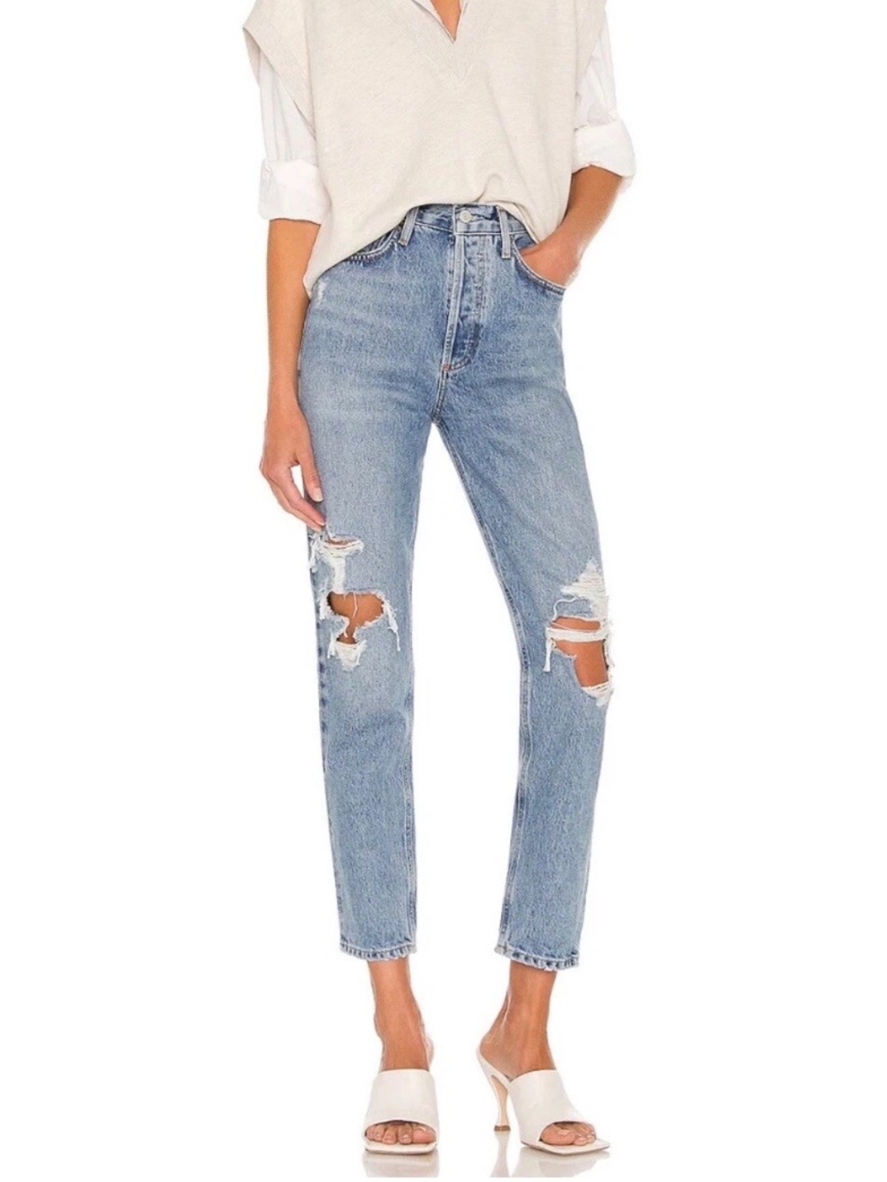 Agolde Light Blue Distressed Straight-Leg Jeans Mom Jeans Size 25